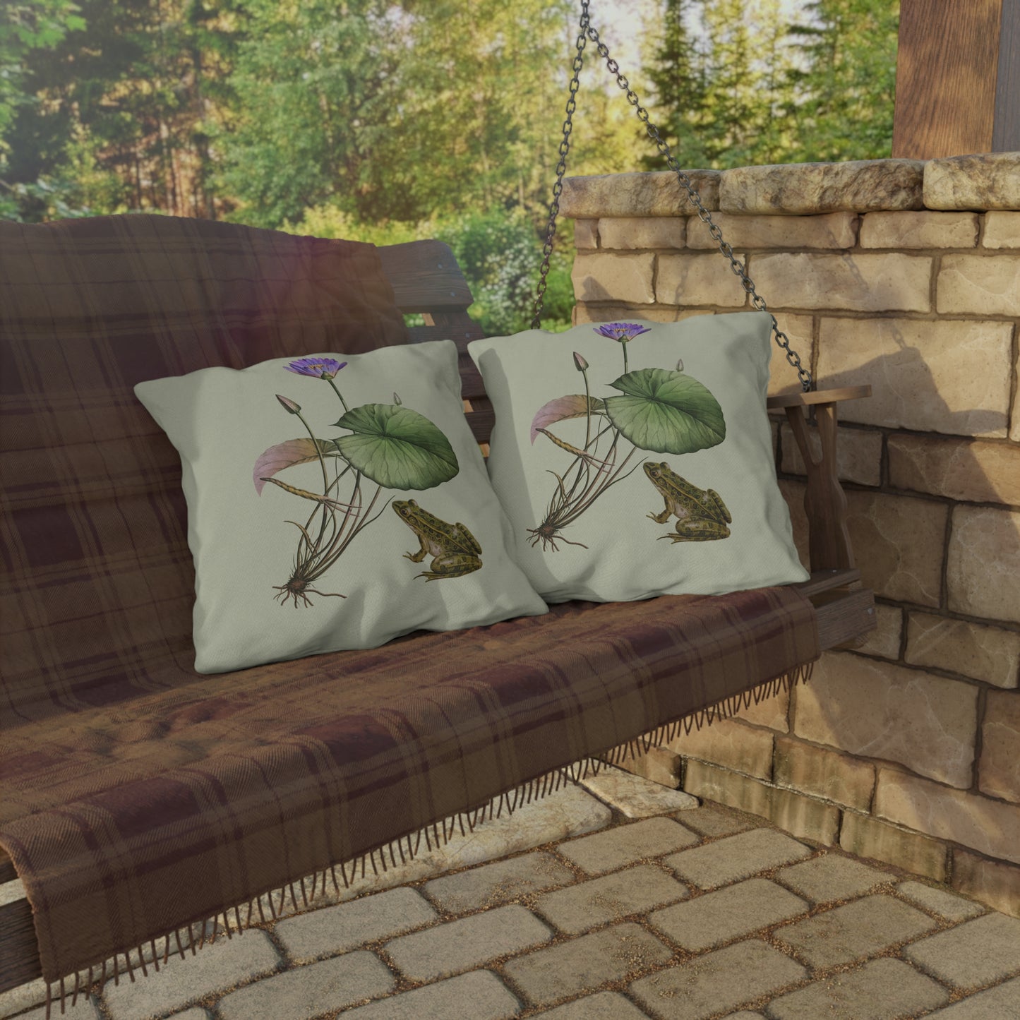 Frog and Water Lily Green Outdoor Pillow