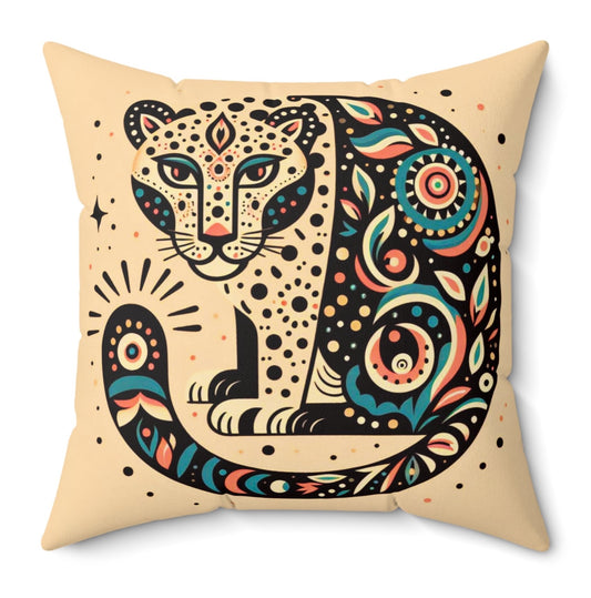 Eclectic Maximalist Leopard Folk Art Throw Pillow Polyester Cover Square Cushion