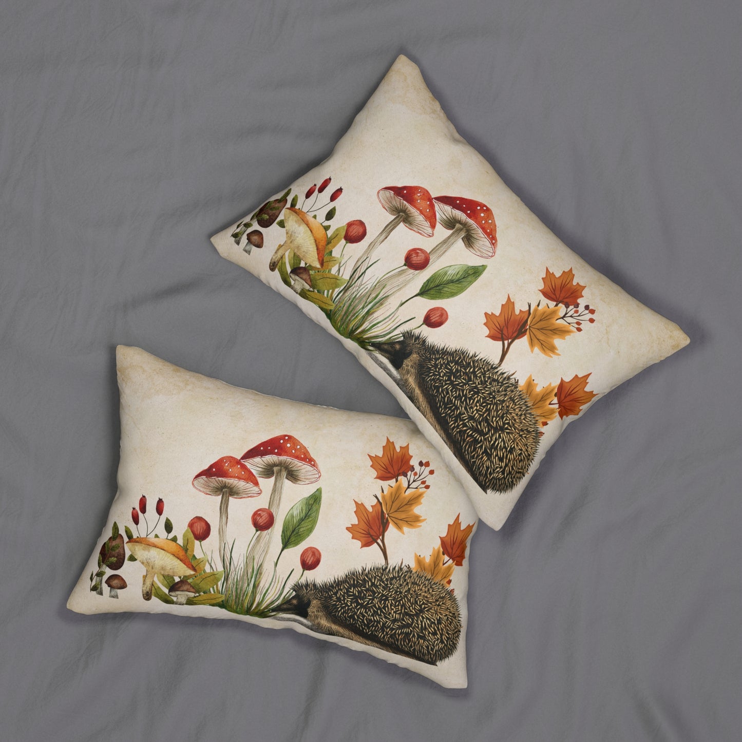 Hedgehog and Mushroom Lumbar Pillow