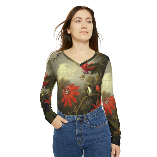 Passion Flowers Hummingbird Long Sleeve V-neck Art Shirt