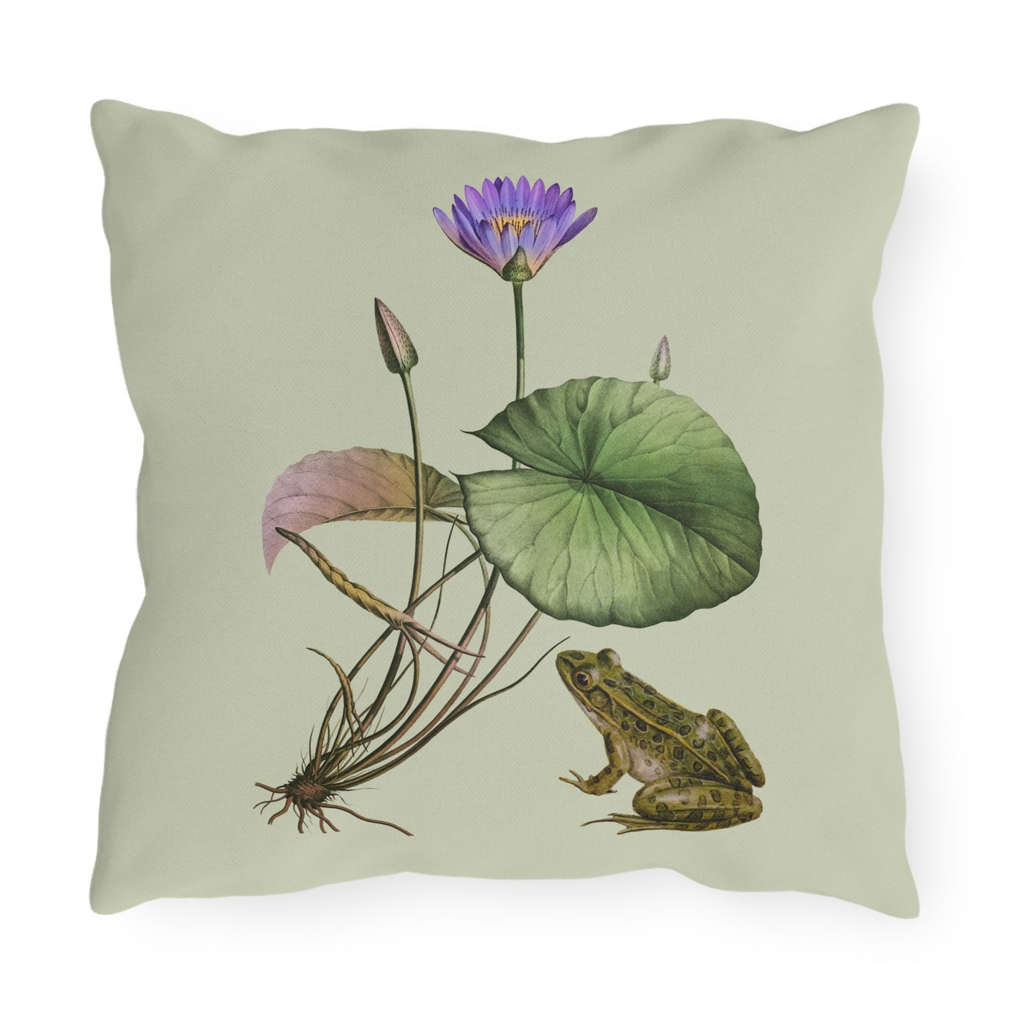 Frog and Water Lily Green Outdoor Pillow