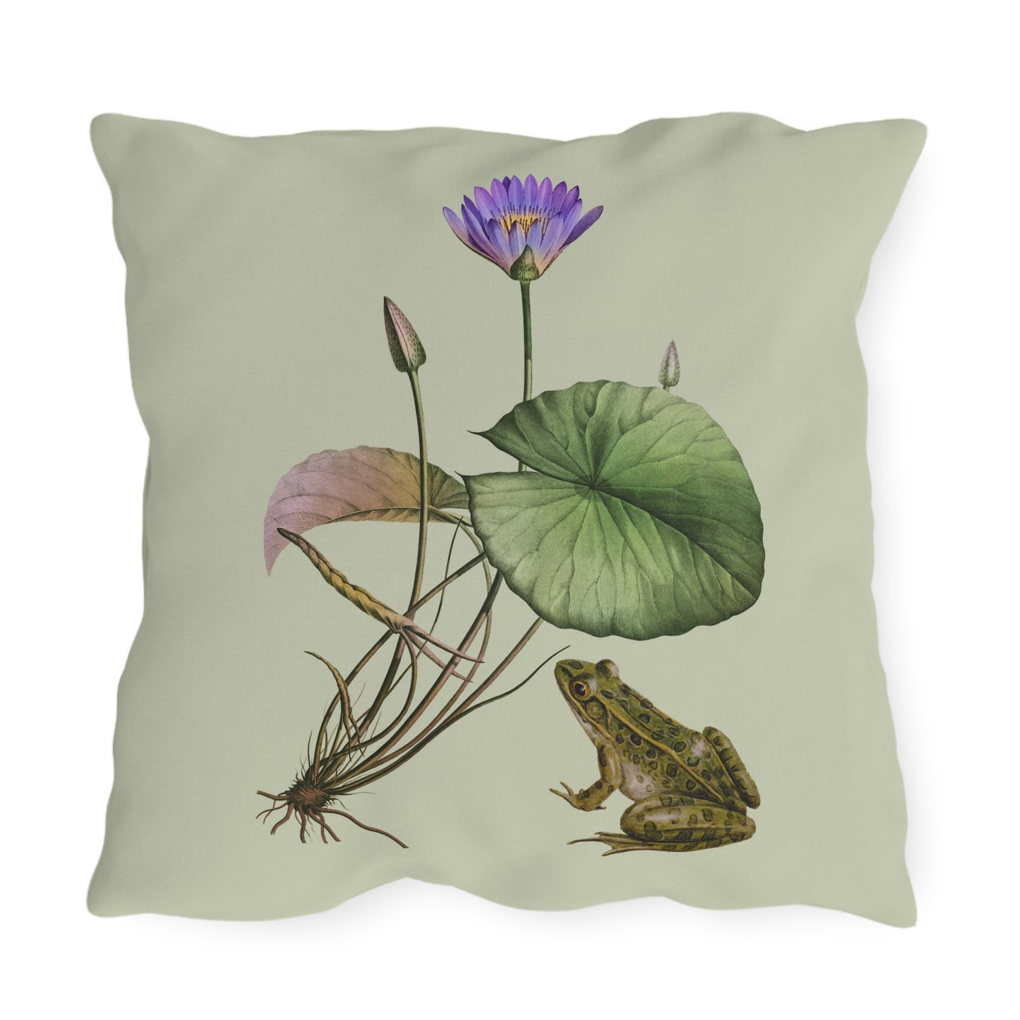 Frog and Water Lily Green Outdoor Pillow