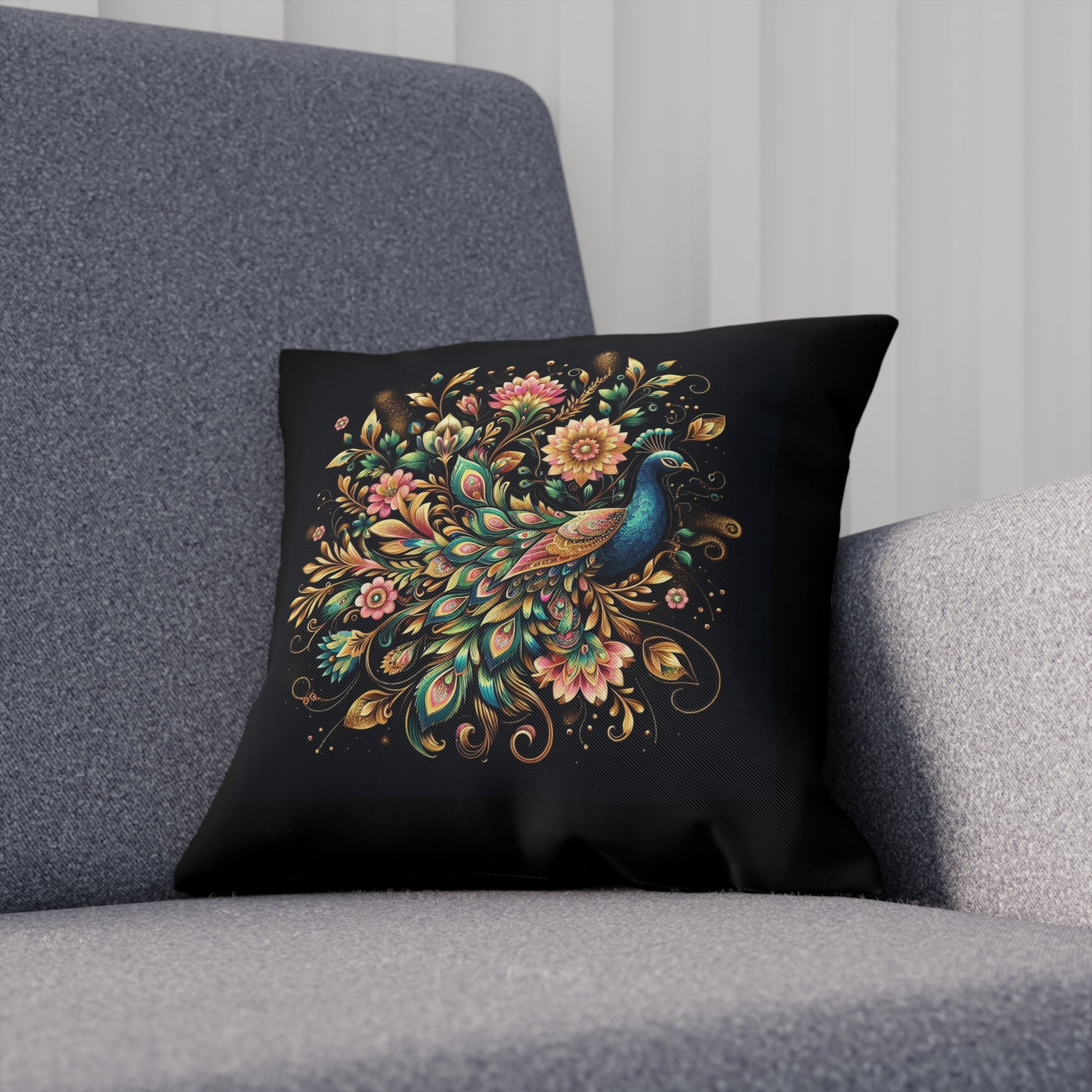 Floral Peacock Maximalist Eclectic Throw Pillow 100% Cotton Cushion Cover