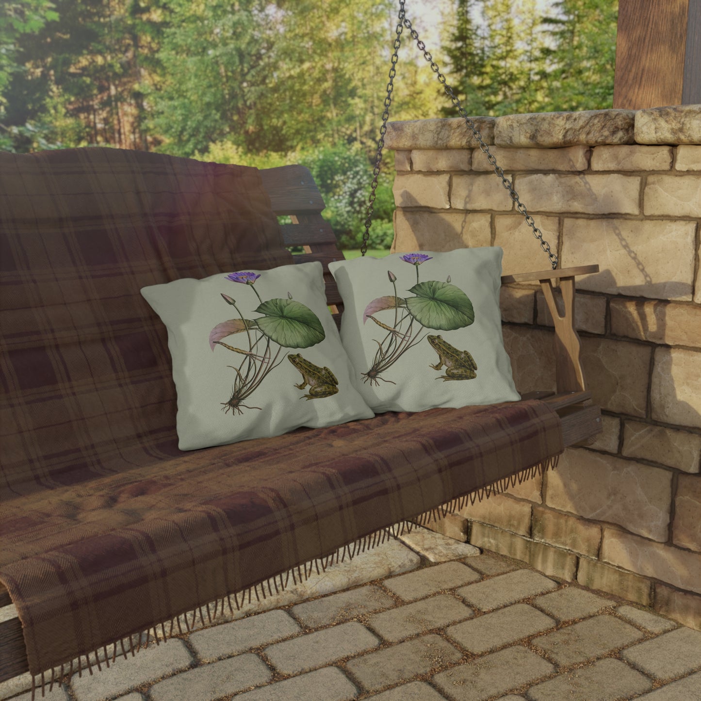 Frog and Water Lily Green Outdoor Pillow