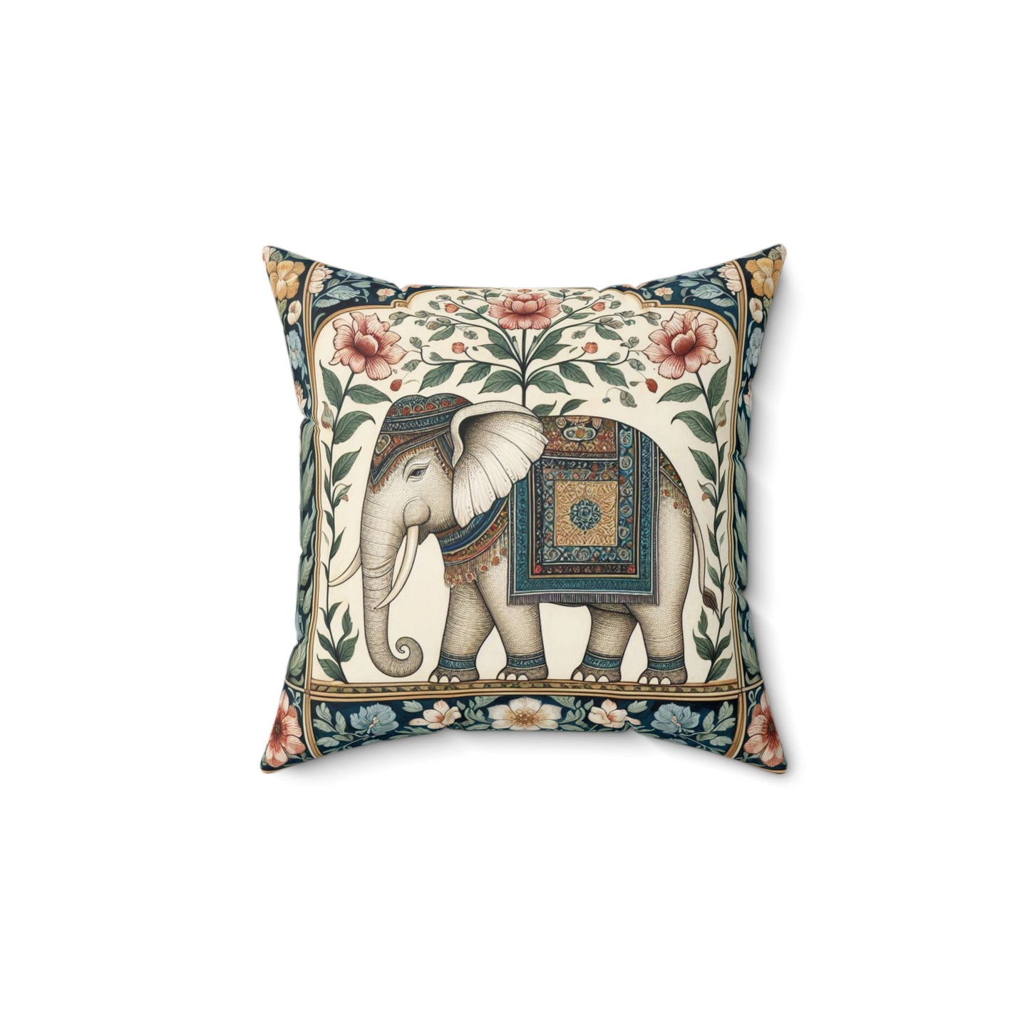 Pink Floral Mughal Elephant Polyester Cushion