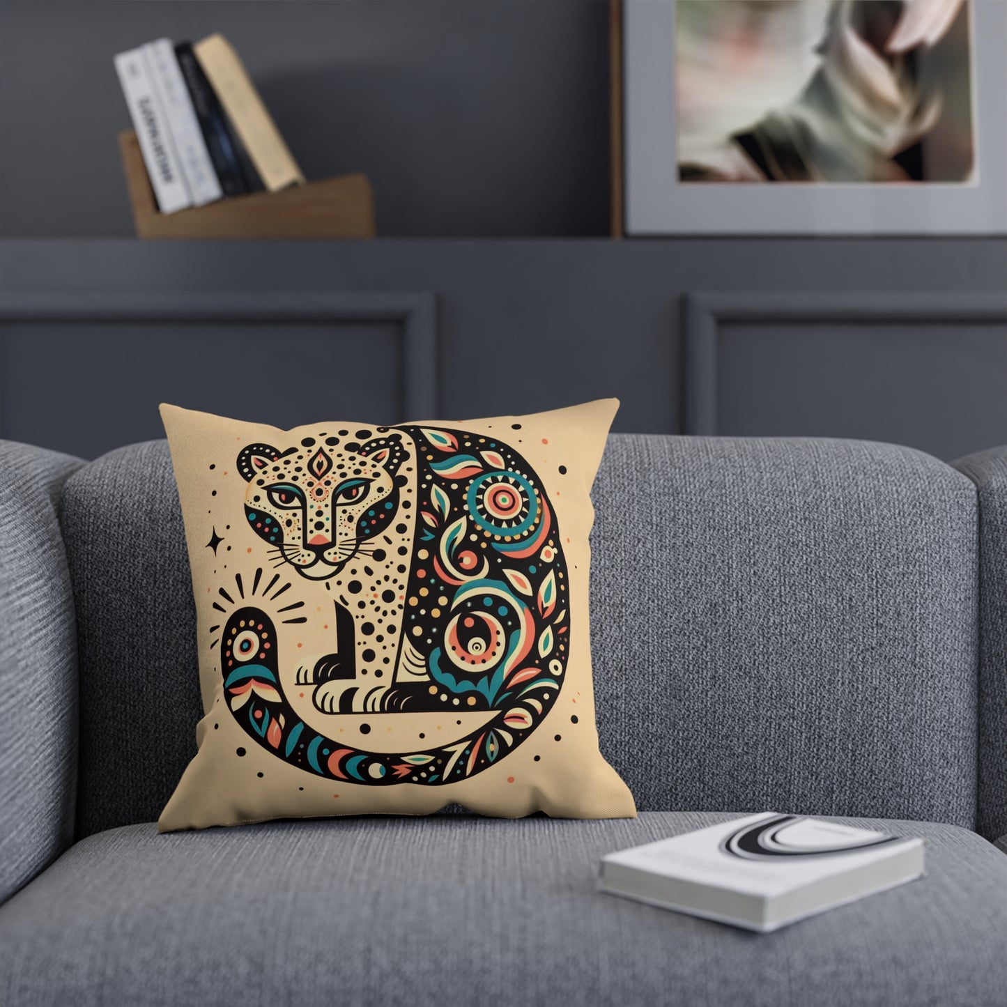 Eclectic Maximalist Leopard Folk Art Throw Pillow 100% Cotton Cushion Cover