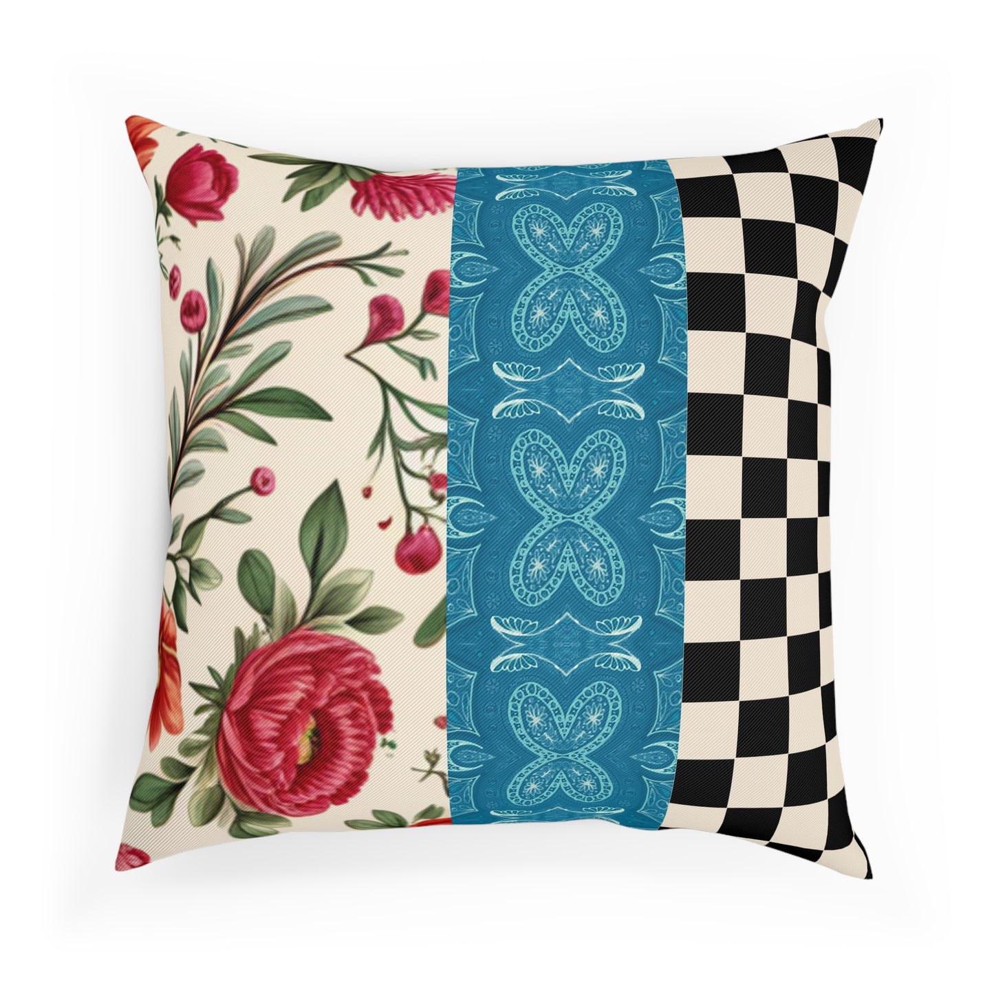 Maximalist Red Floral Checkered Cushion