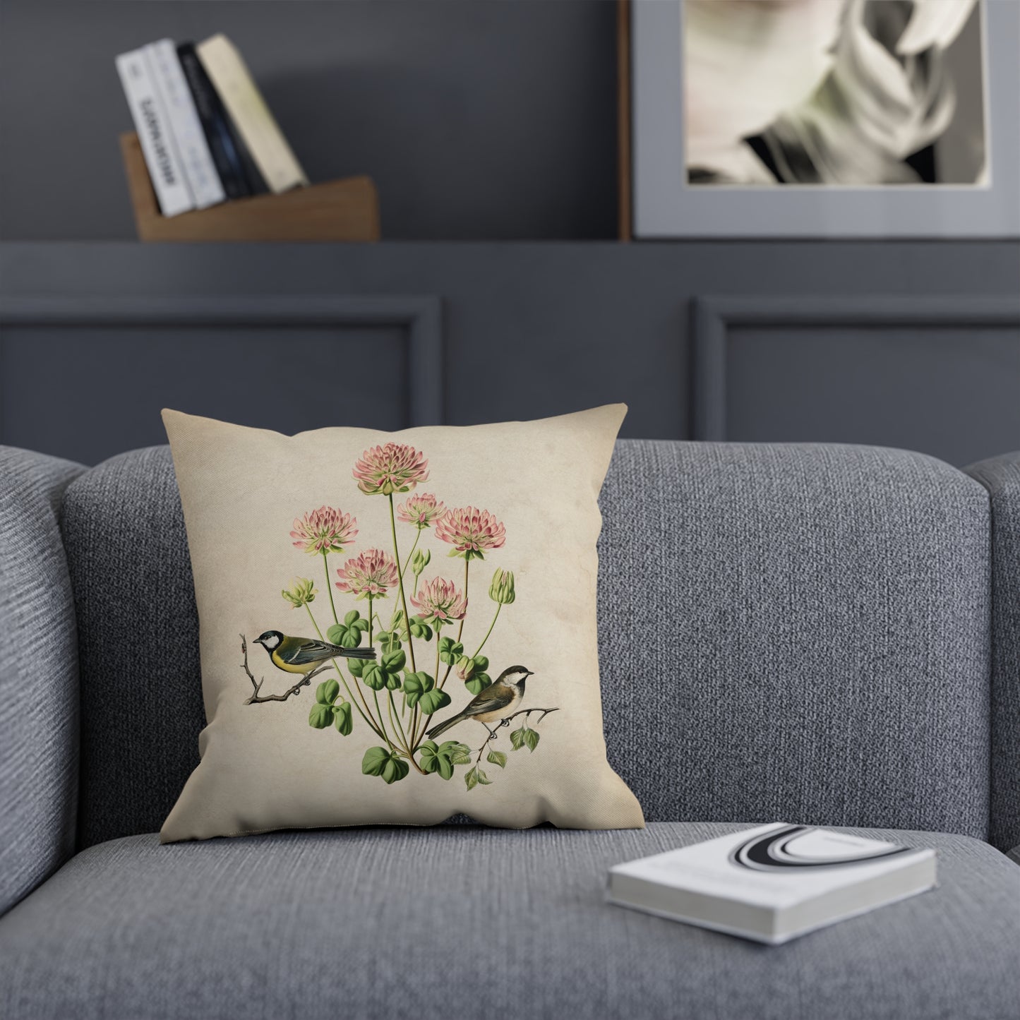 Pink Clover and Garden Birds Cushion