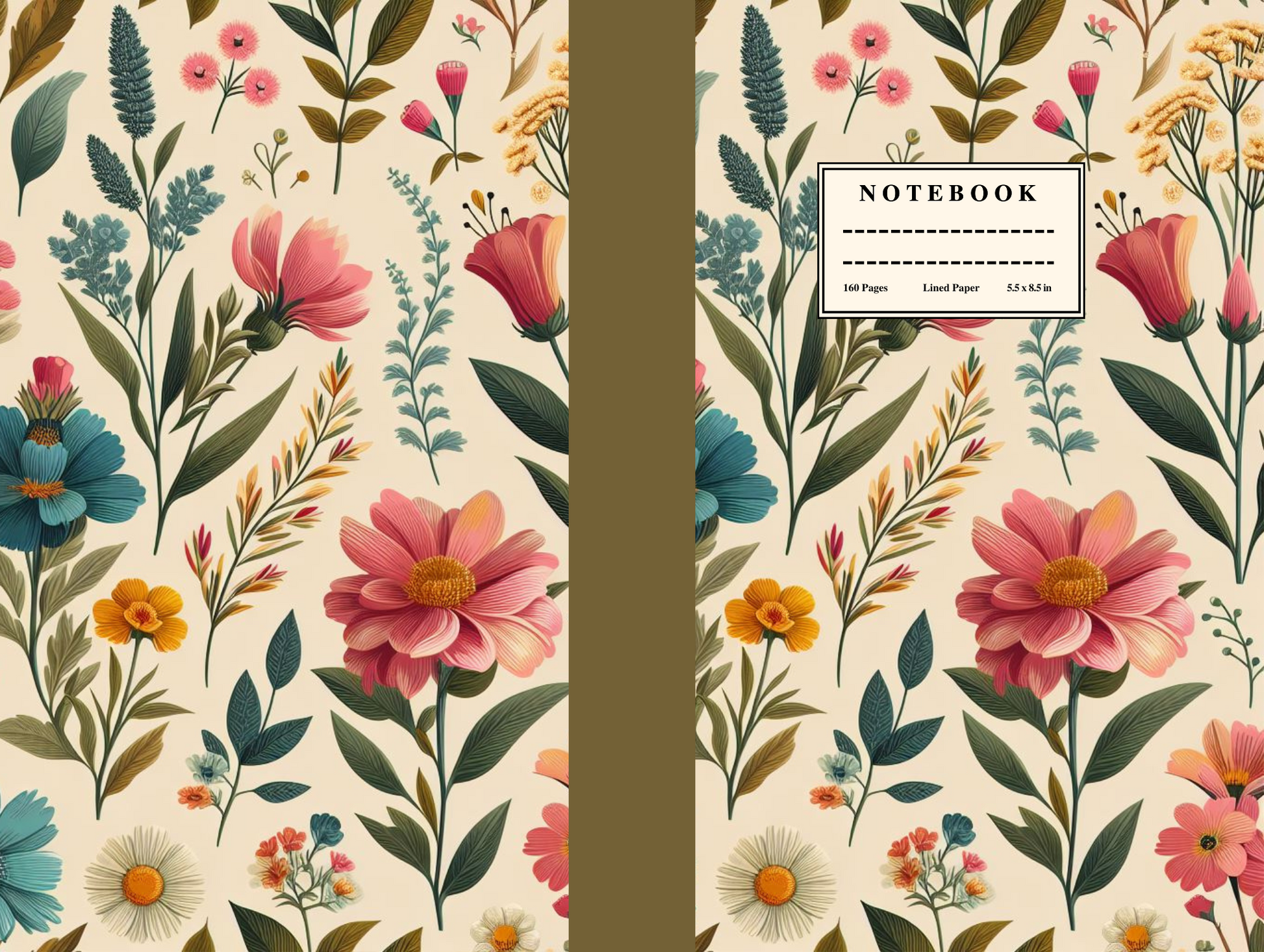 Notebook: Vintage Floral Wildflower Cover 160 Lined Cream Pages 5.5" X 8.5" Hardcover Writing Journal Diary for School Collage Work & Home