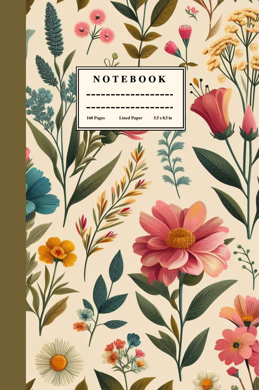 Notebook: Vintage Floral Wildflower Cover 160 Lined Cream Pages 5.5" X 8.5" Hardcover Writing Journal Diary for School College Work