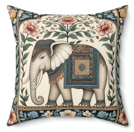 Pink Floral Maximalist Boho Elephant Vintage Mughal Miniature Indian Folk Painting Aesthetic Cushion Throw Pillow Polyester Square Cover