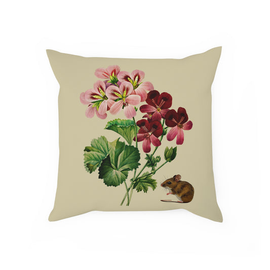Floral Geraniums and Mouse Vintage Throw Pillow 100% Cotton Cushion Cover