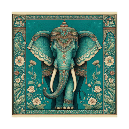 Turquoise Elephant Vintage Mughal Miniature Indian Folk Painting Aesthetic Wall Art Poster Print  - Museum Quality Matte Paper 