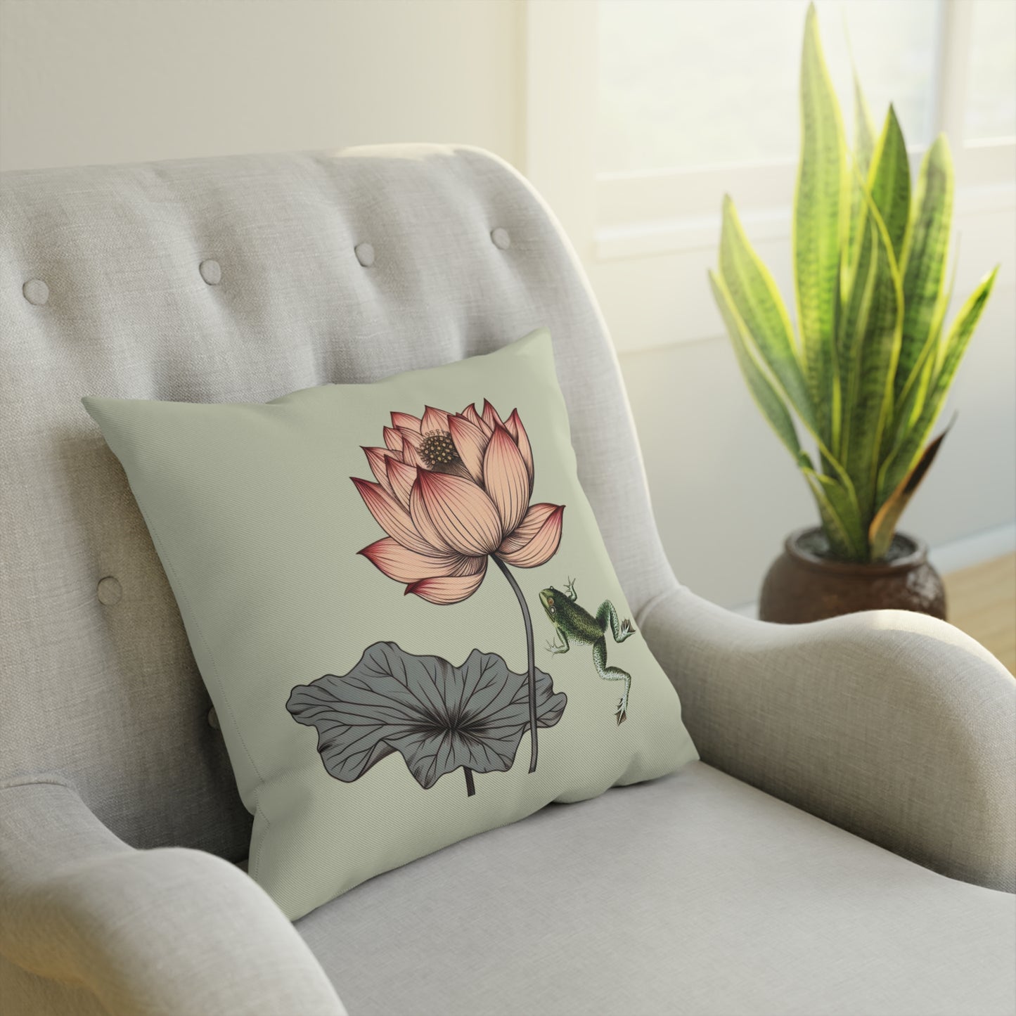 Water Lily and Frog Green Cushion