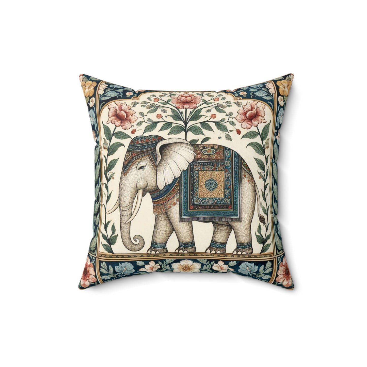 Pink Floral Mughal Elephant Polyester Cushion