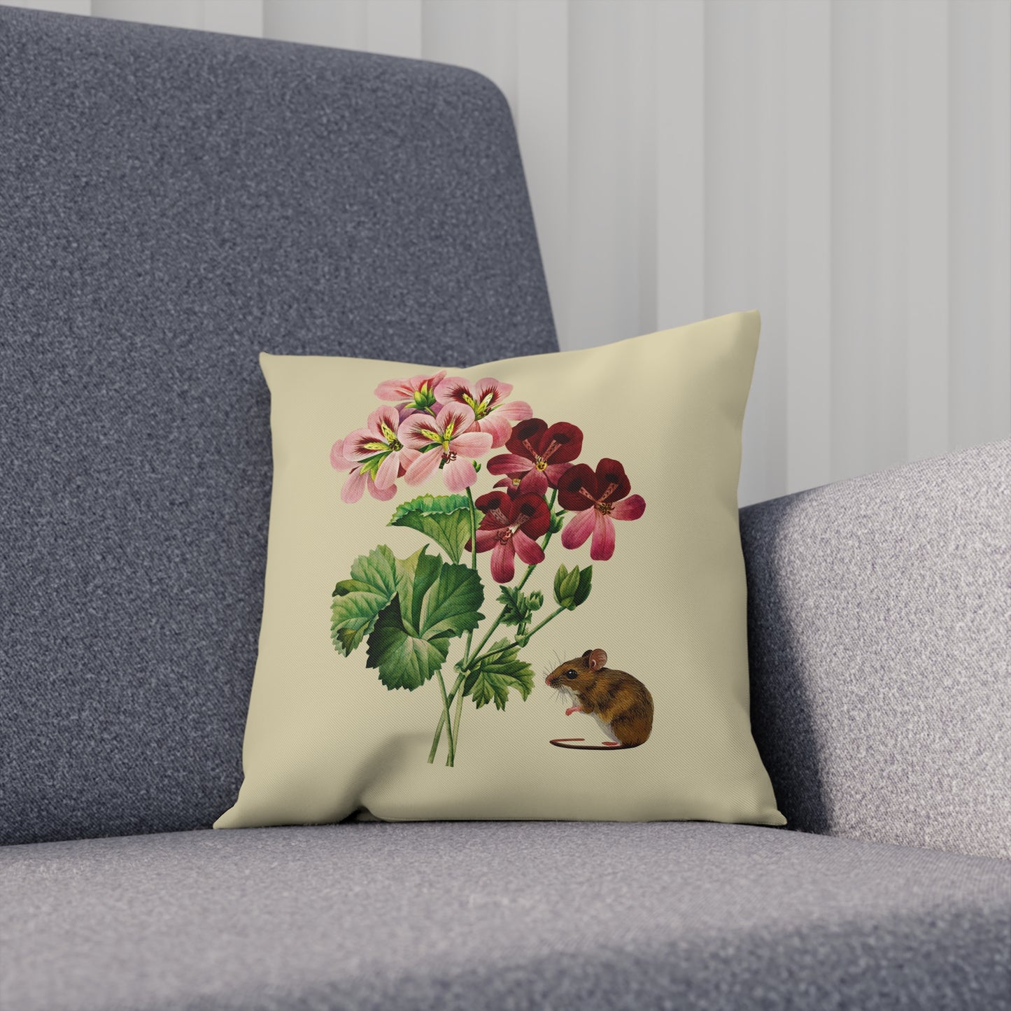 Geraniums and Mouse Cotton Cushion