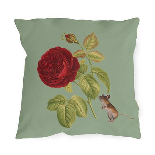 Red Rose Mouse Vintage Floral Outdoor Cushion Waterproof Throw Pillow