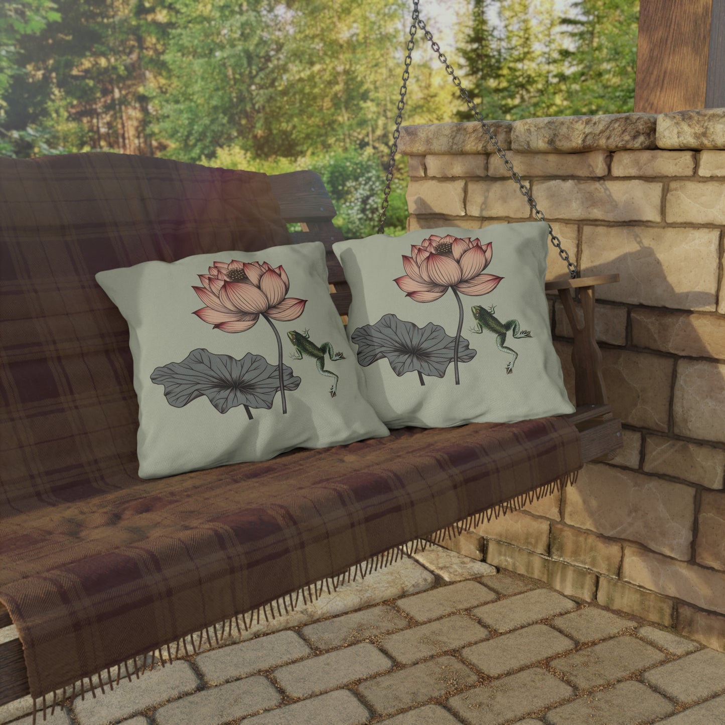 Water Lily and Frog Green Outdoor Pillow