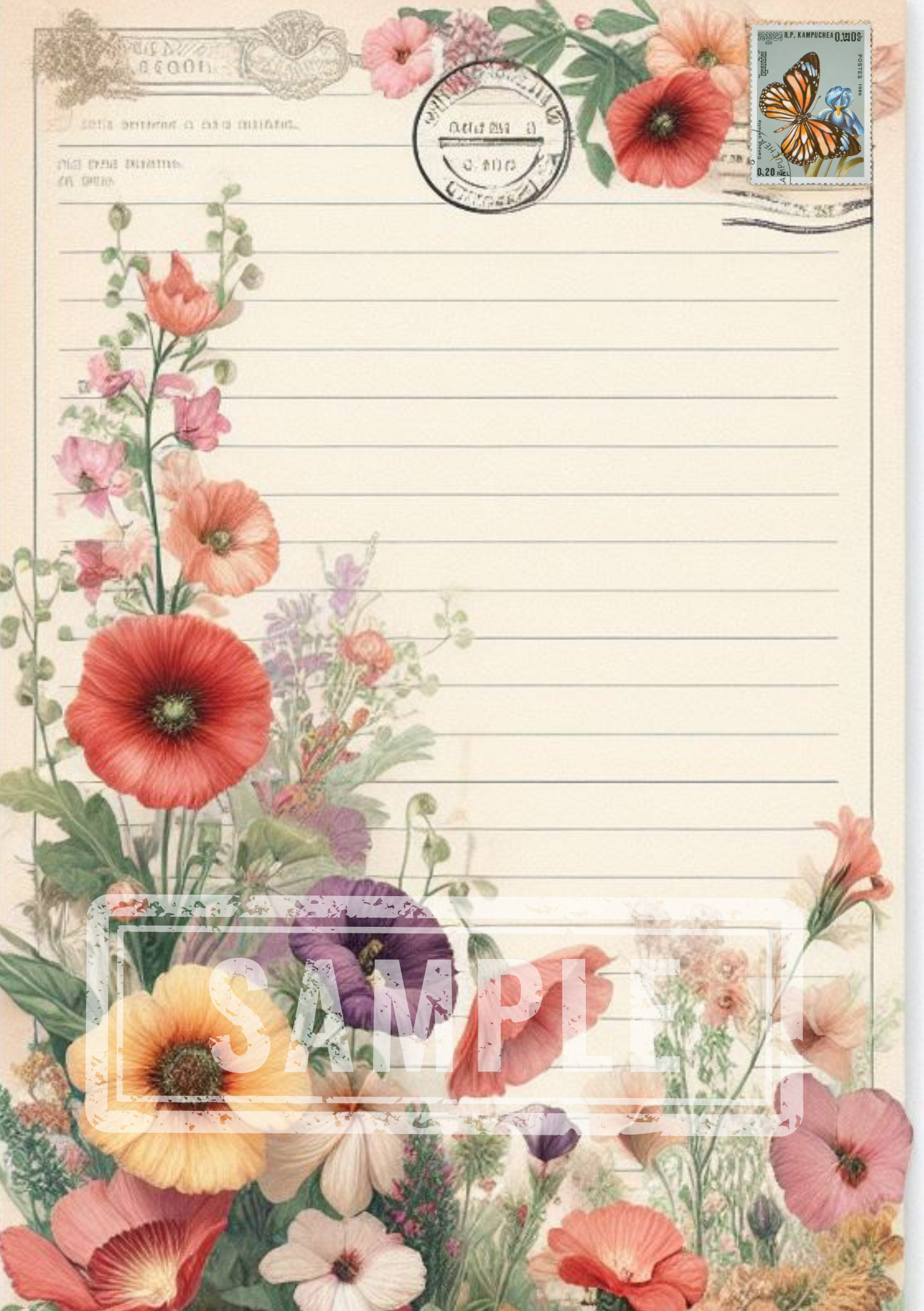 DIGITAL Vintage Botanical Printable A5 Lined Notepaper BND0003