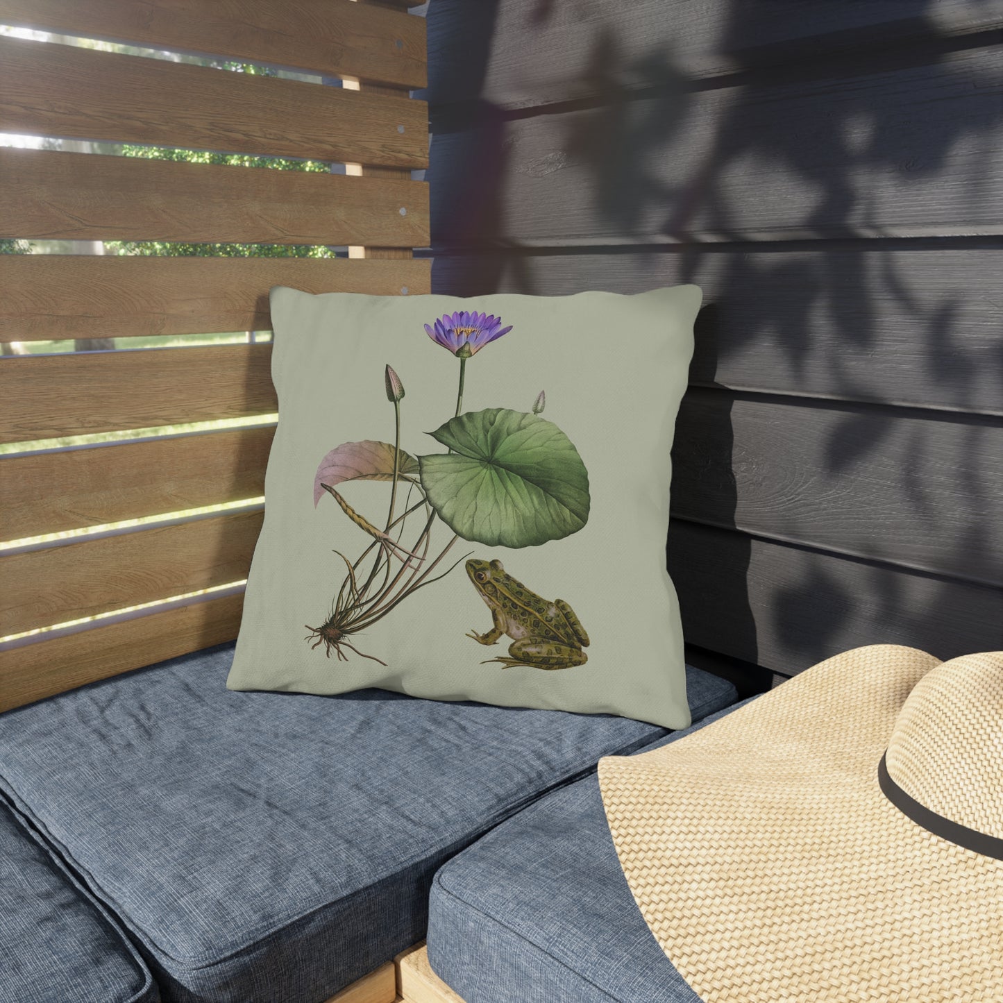 Frog and Water Lily Green Outdoor Pillow