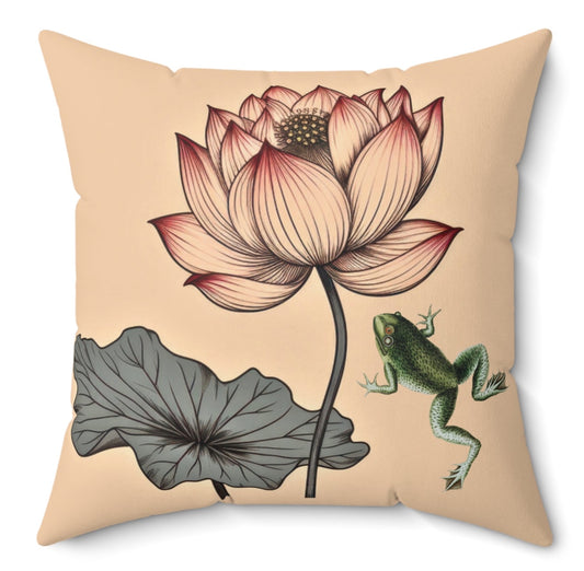 Peach Water Lily and Frog Vintage Botanical Cushion Throw Pillow Polyester Square Cover