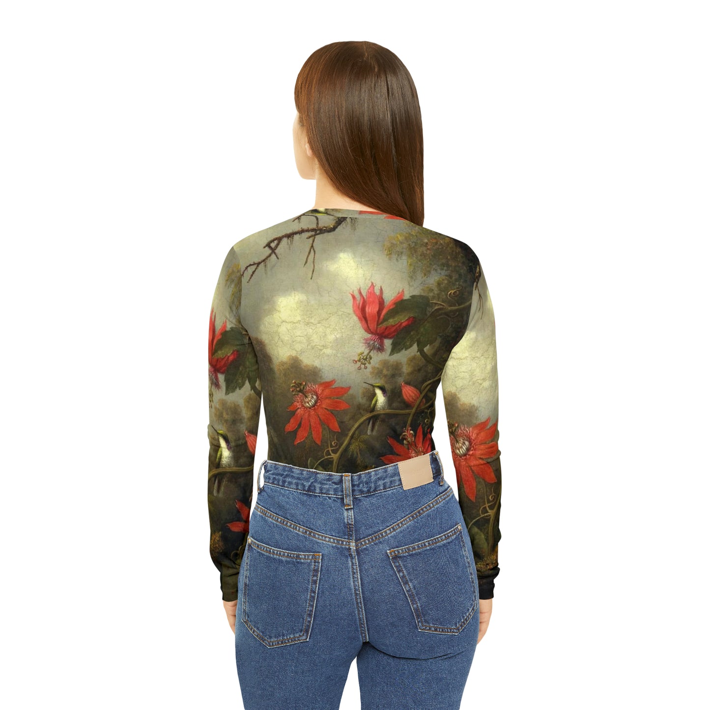 Passion Flowers Hummingbird Long Sleeve V-neck Art Shirt