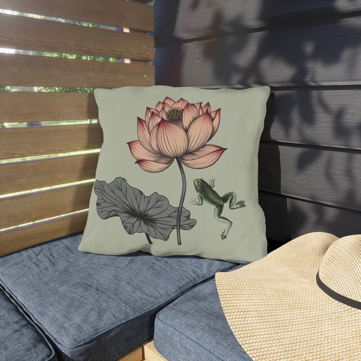 Water Lily and Frog Green Outdoor Pillow