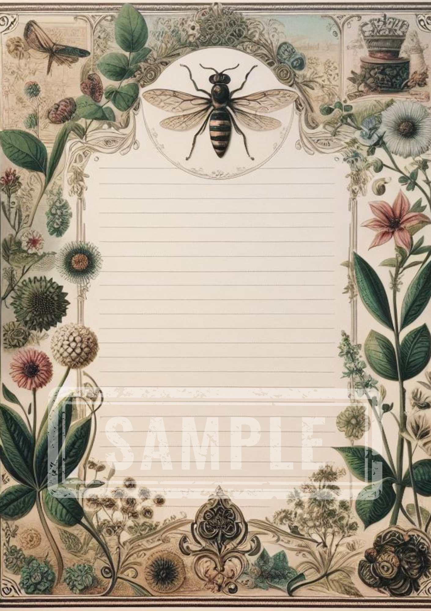 DIGITAL Vintage Botanical Printable A5 Lined Notepaper BND0003