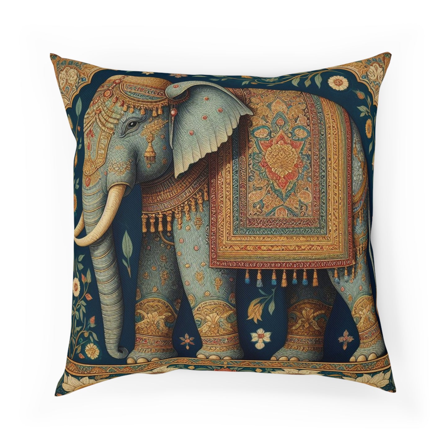 Floral Gold Maximalist Boho Elephant Vintage Mughal Miniature Indian Folk Painting Aesthetic Throw Pillow 100% Cotton Cushion Cover