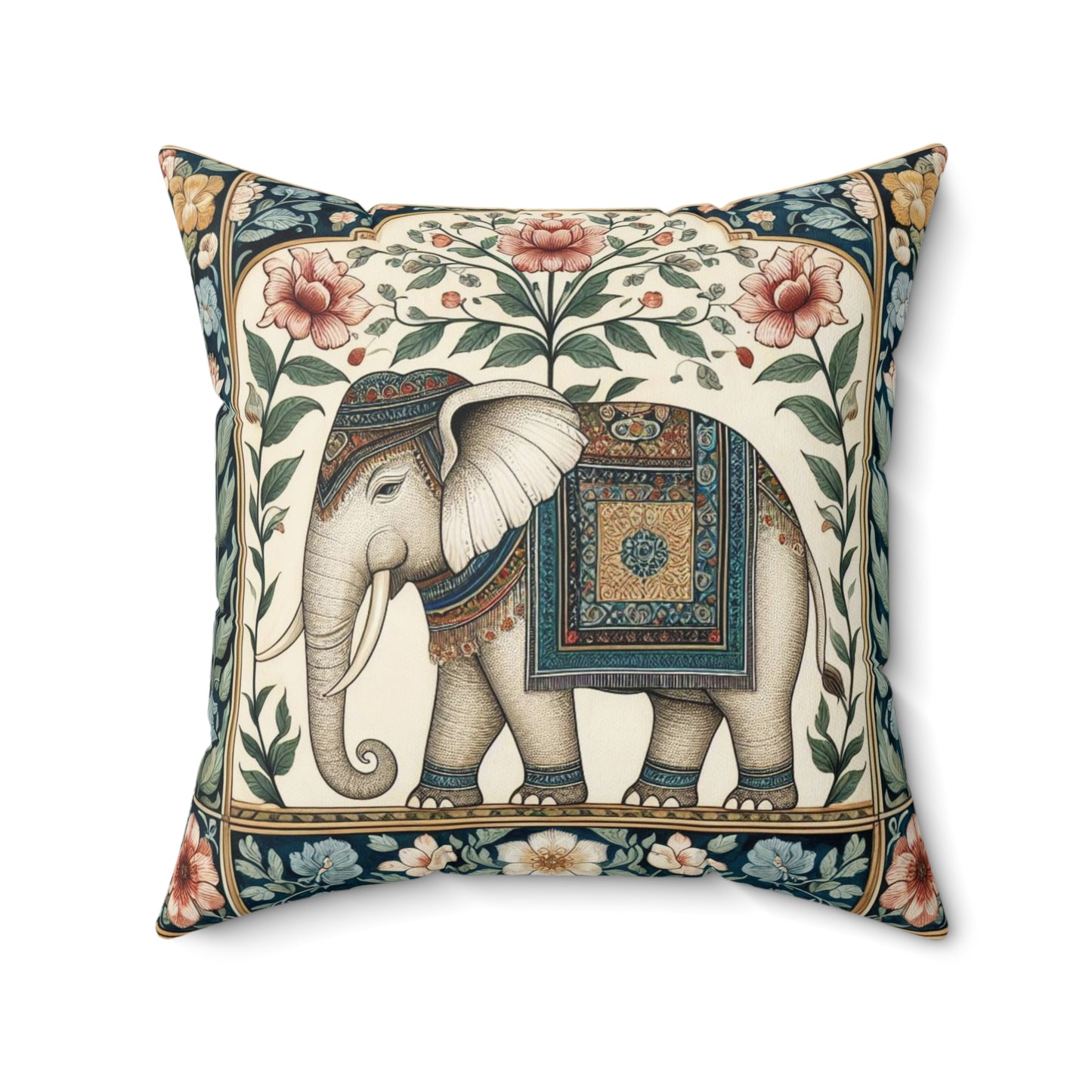 Pink Floral Mughal Elephant Polyester Cushion