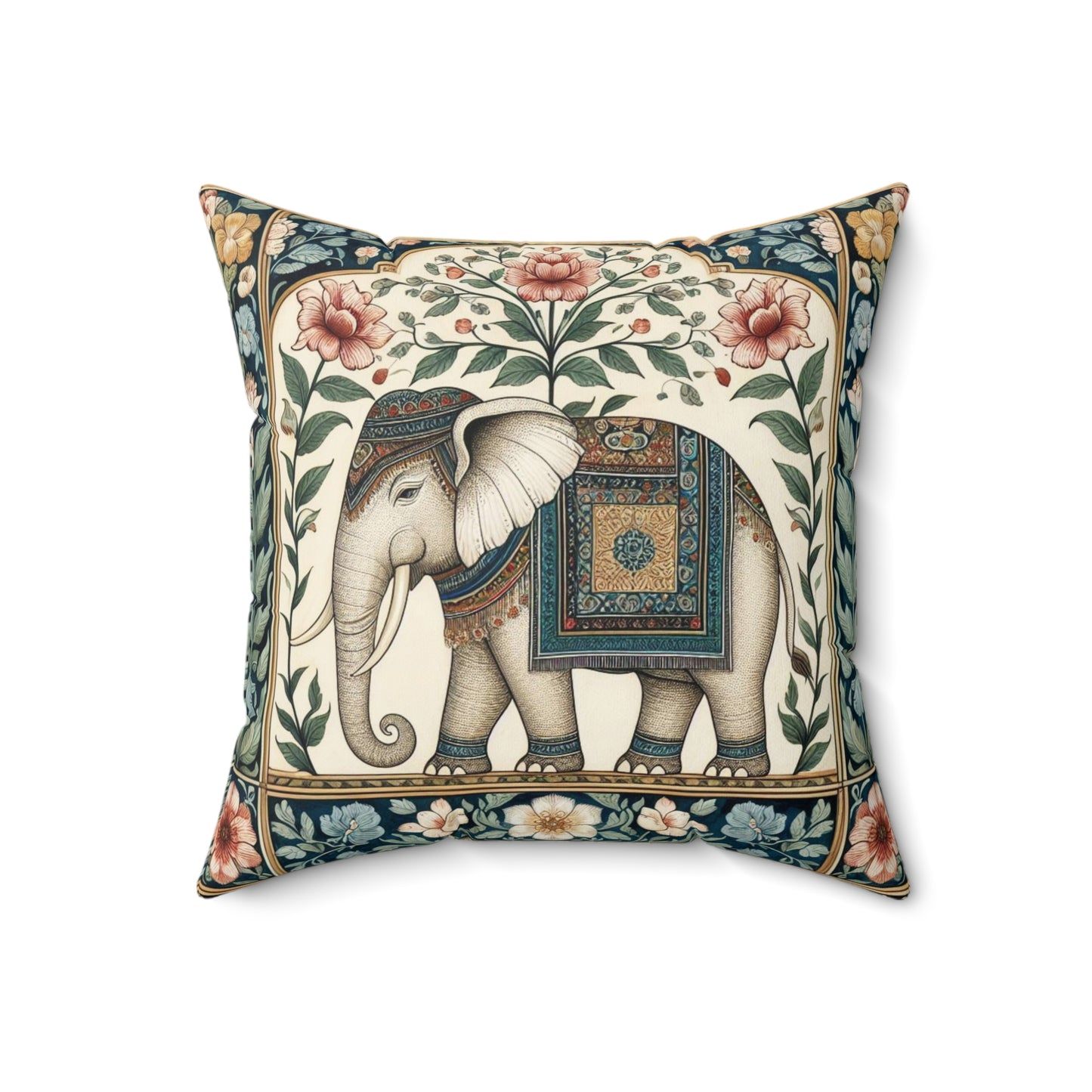 Pink Floral Mughal Elephant Polyester Cushion