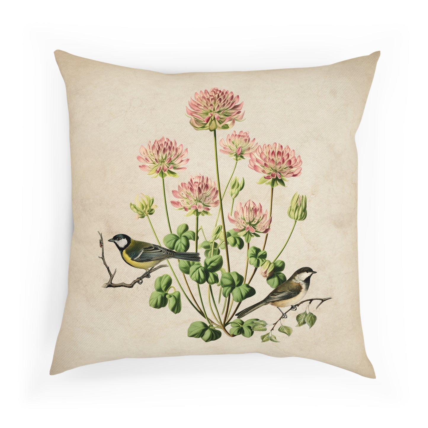 Pink Clover and Garden Birds Cushion