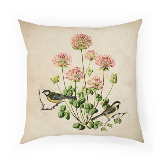 Vintage Style Pink Clover and Garden Birds Cushion 100% Cotton Throw Pillow Cover