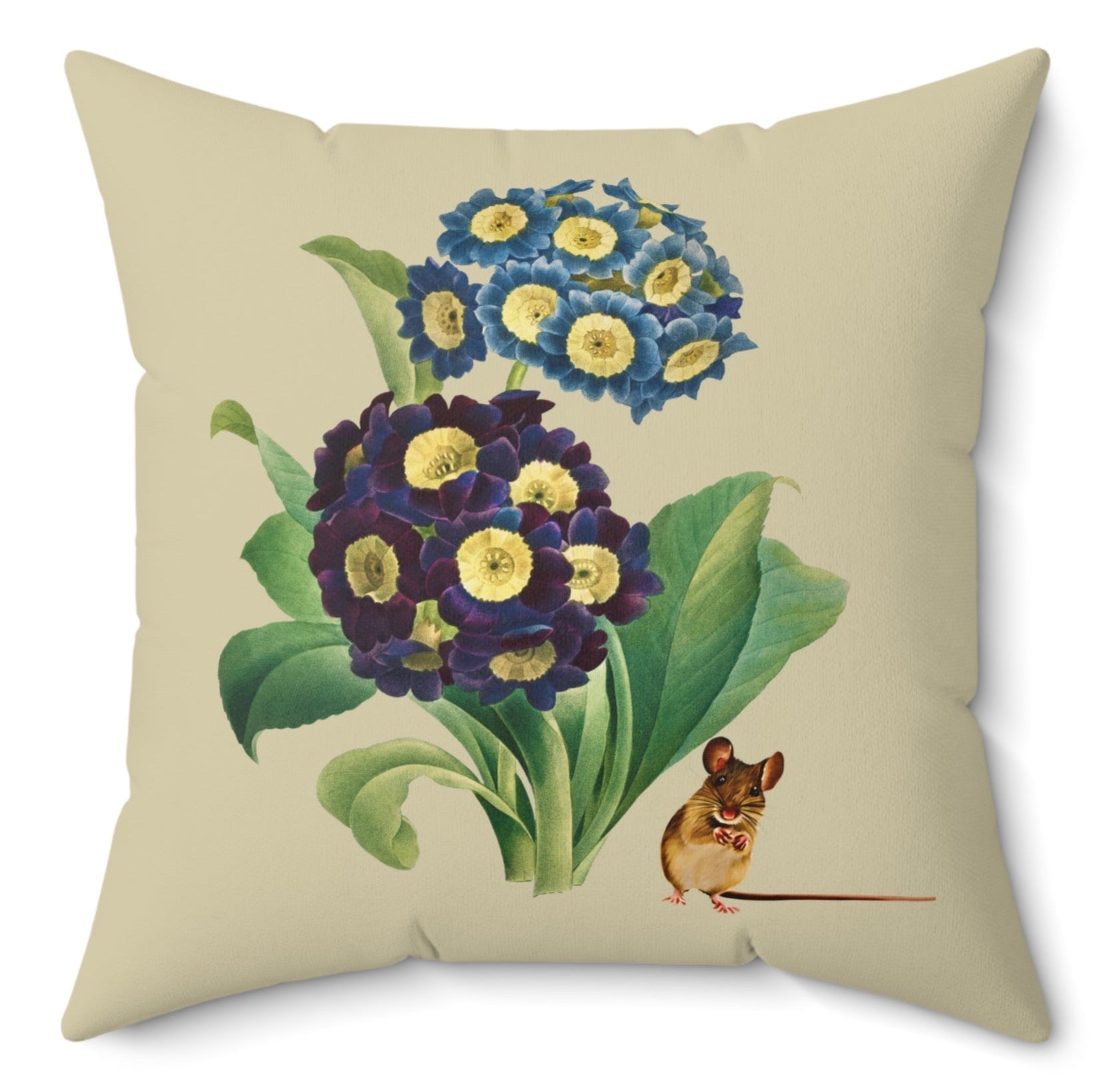 Primula and Mouse Vintage Throw Pillow Polyester Square Cover