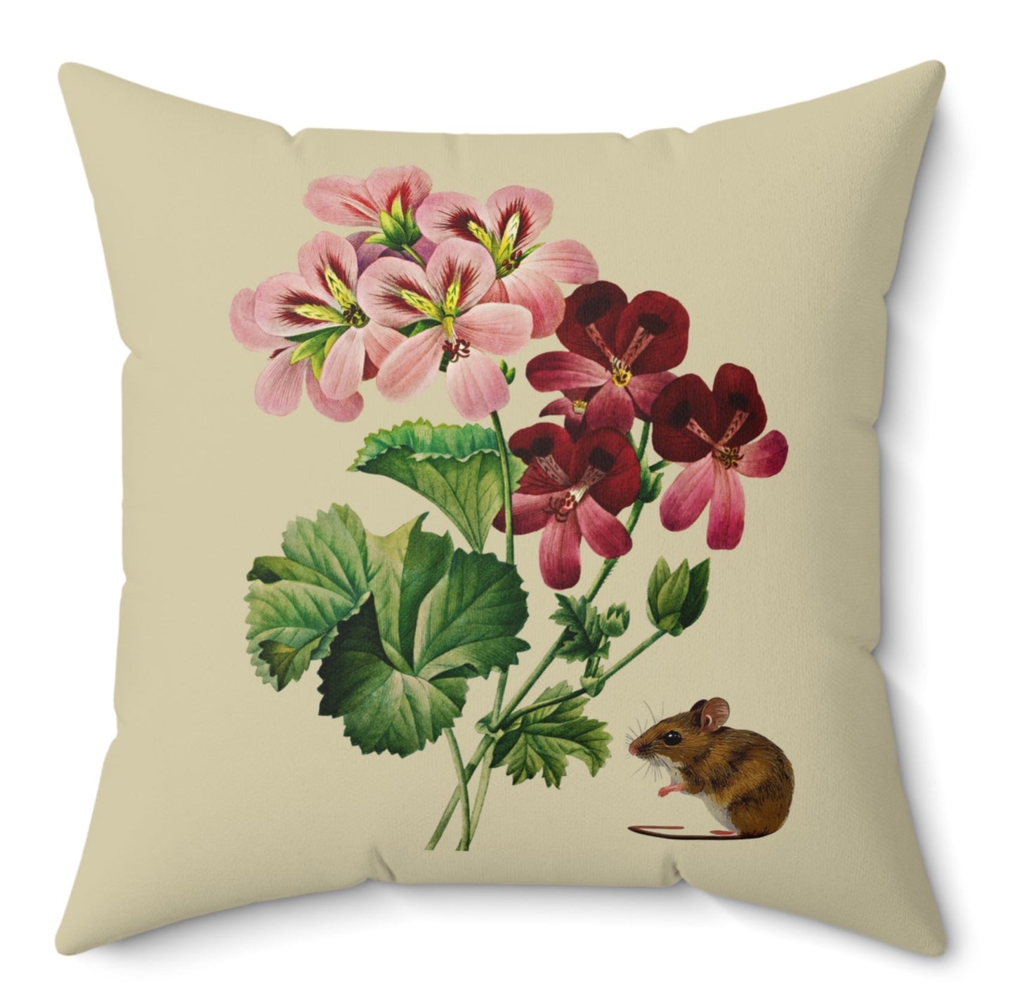 Floral Geraniums and Mouse Vintage Cushion Throw Pillow Polyester Square Cover