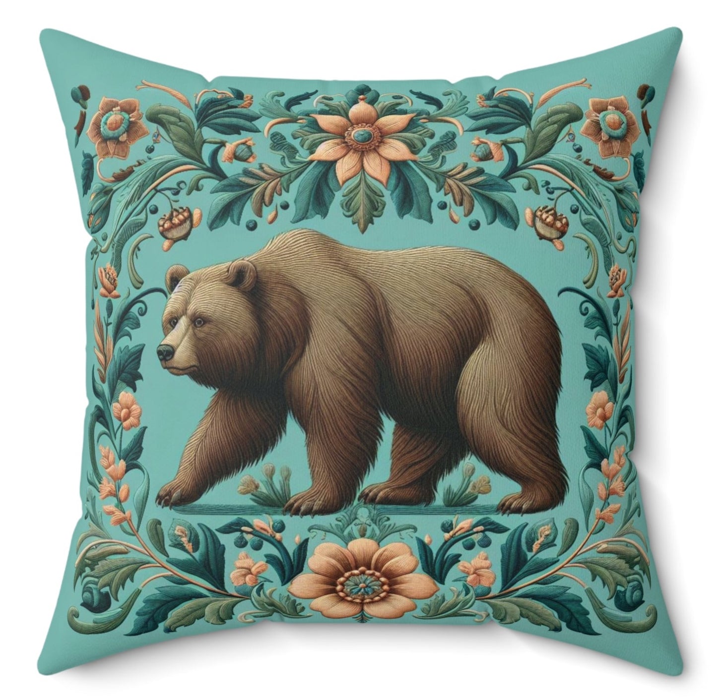 Floral Brown Bear Turquoise Vintage Style Throw Pillow Maximalist Polyester Cover Decorative Cushion Square 