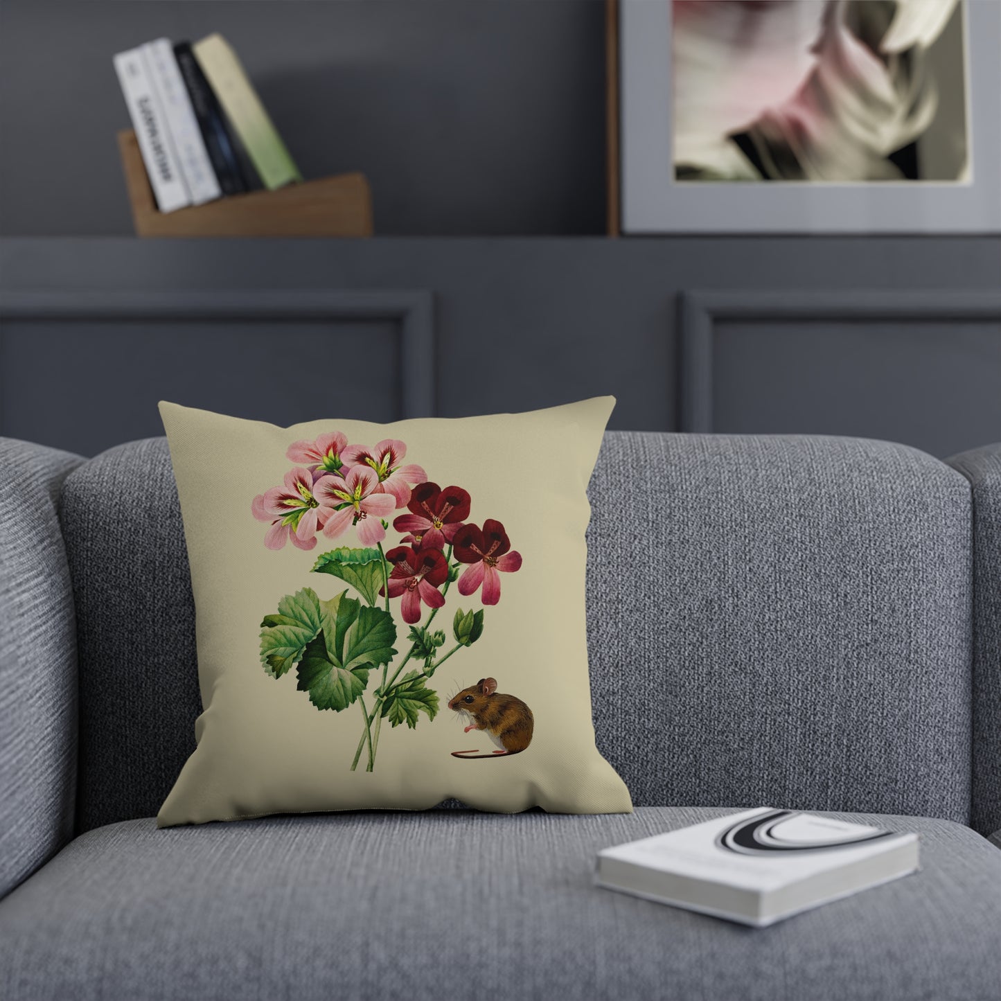 Geraniums and Mouse Cotton Cushion