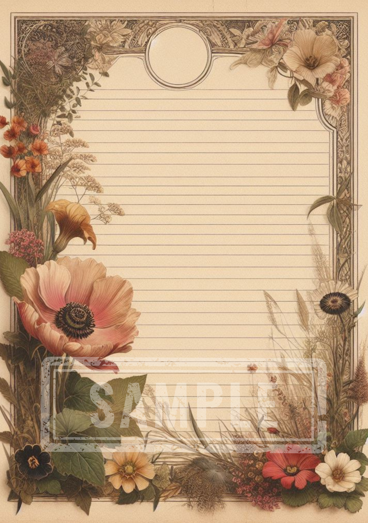 DIGITAL Vintage Botanical Printable A5 Lined Notepaper BND0003