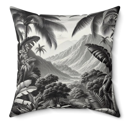 Vintage Botanical Black and White Maximalist Tropical Jungle Cushion Throw Pillow Polyester Square Cover