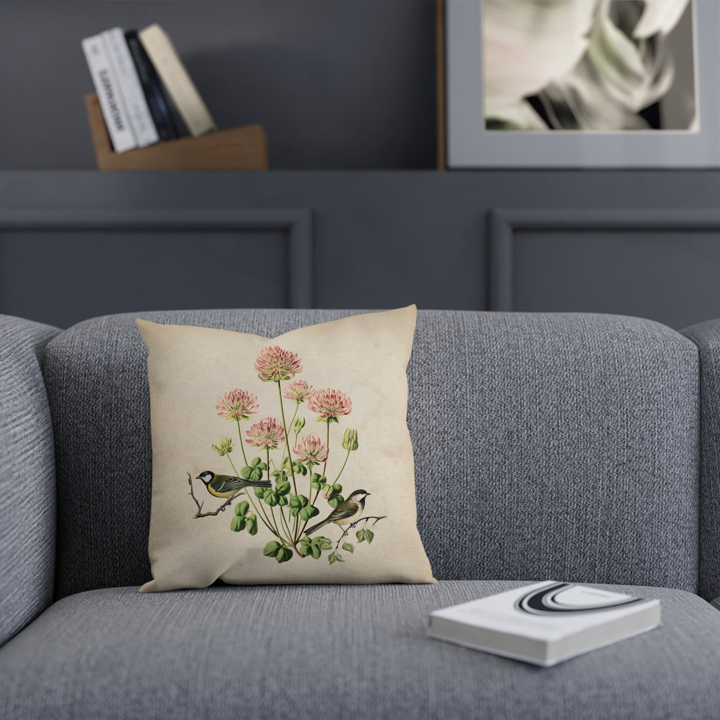 Pink Clover and Garden Birds Cushion