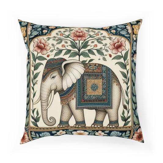 Pink Floral Maximalist Boho Elephant Vintage Mughal Miniature Indian Folk Painting Aesthetic Throw Pillow 100% Cotton Cushion Cover