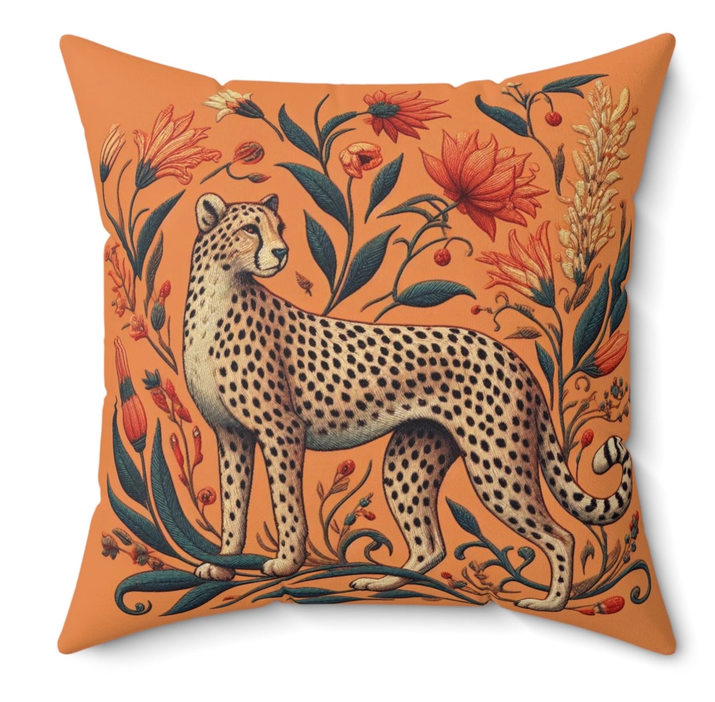 Eclectic Botanical Floral Orange Cheetah Maximalist Vintage Throw Pillows Polyester Cushion Square Cover