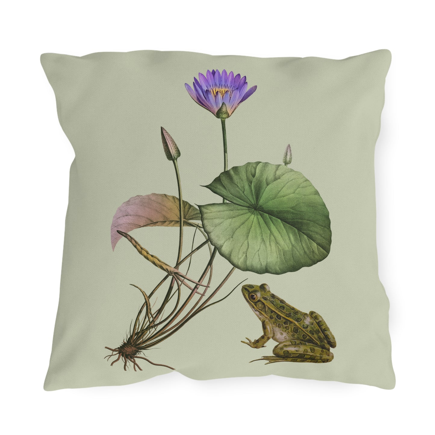 Frog and Water Lily Green Outdoor Pillow