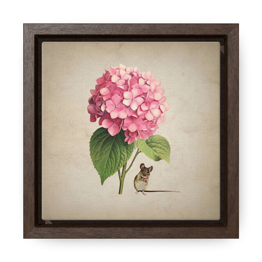 Pink Hydrangea Mouse Vintage Botanical Canvas Print Wall Art Square Framed Gallery Wrapped