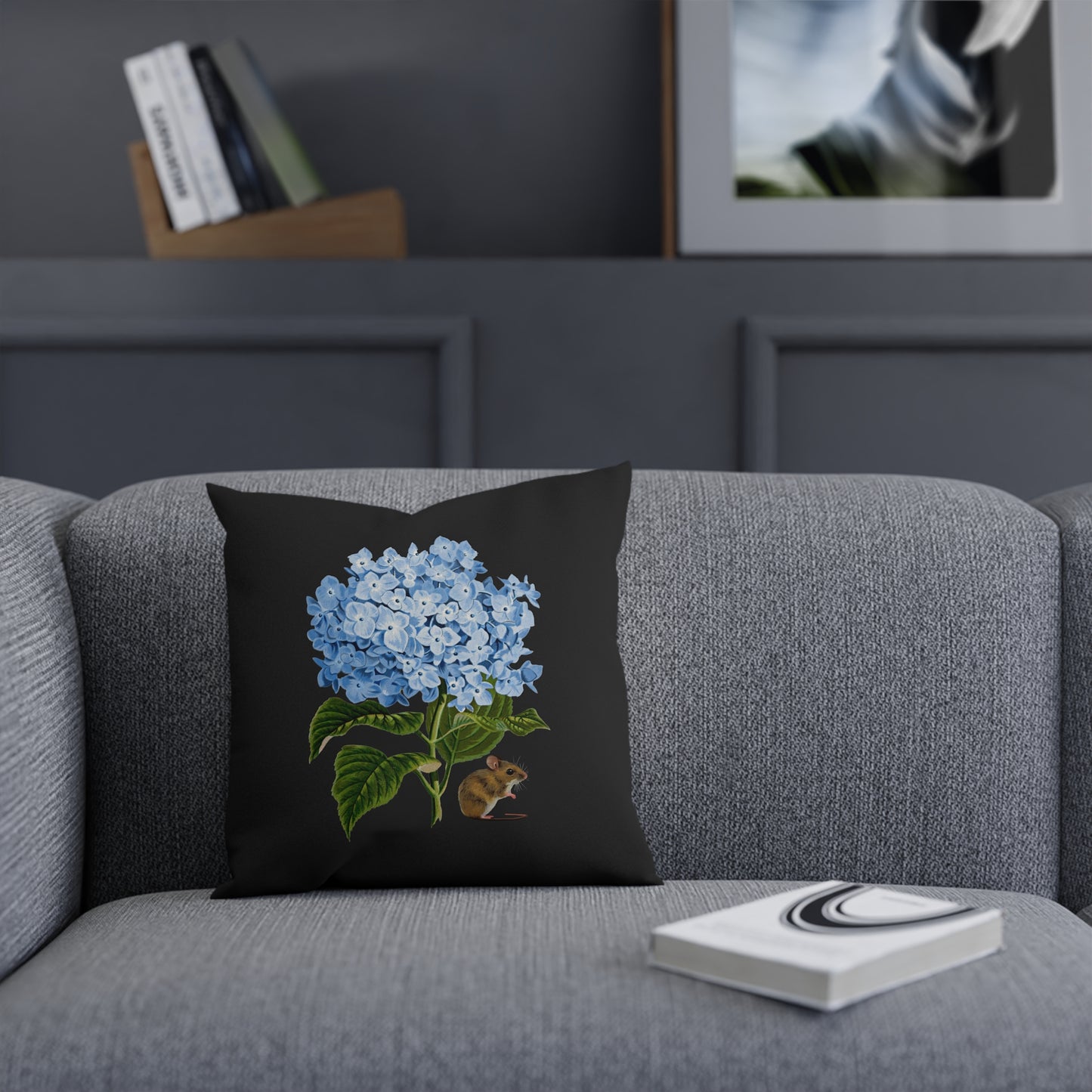 Blue Hydrangea Mouse Black Cushion