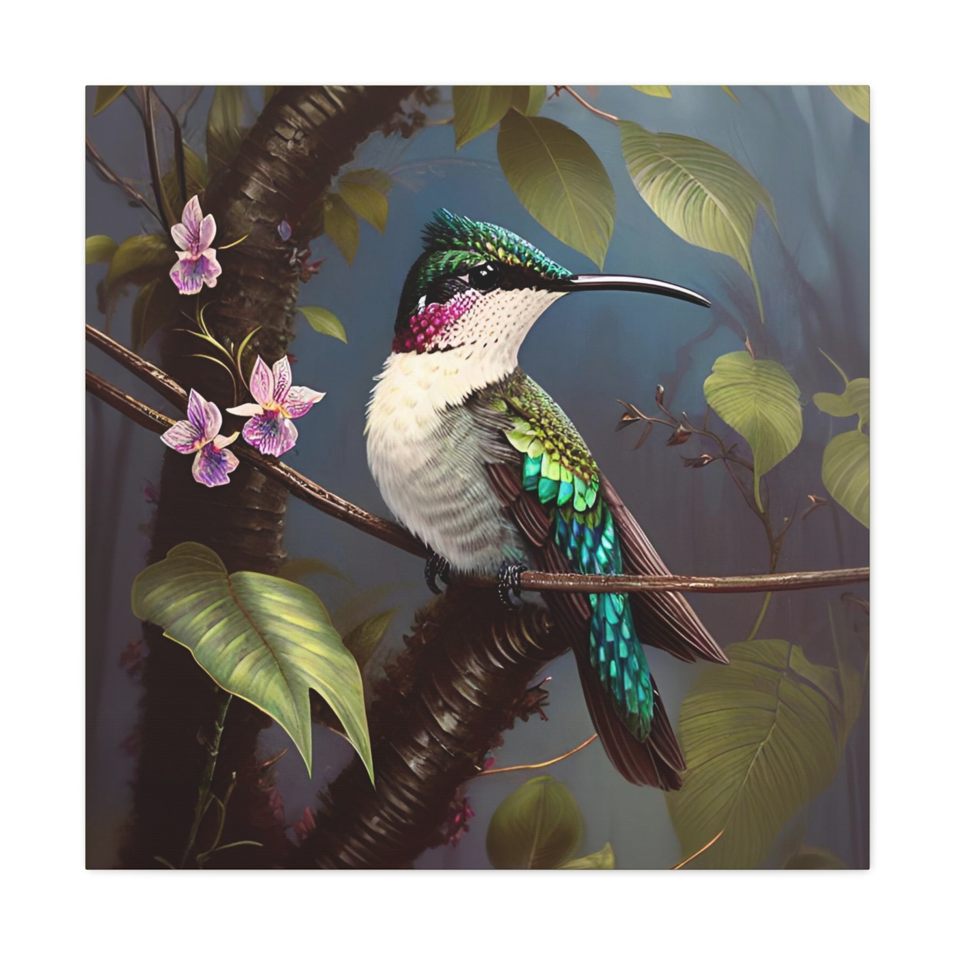 Tropical Hummingbird Botanical Vintage Style Square Canvas Print Retro Wall Art