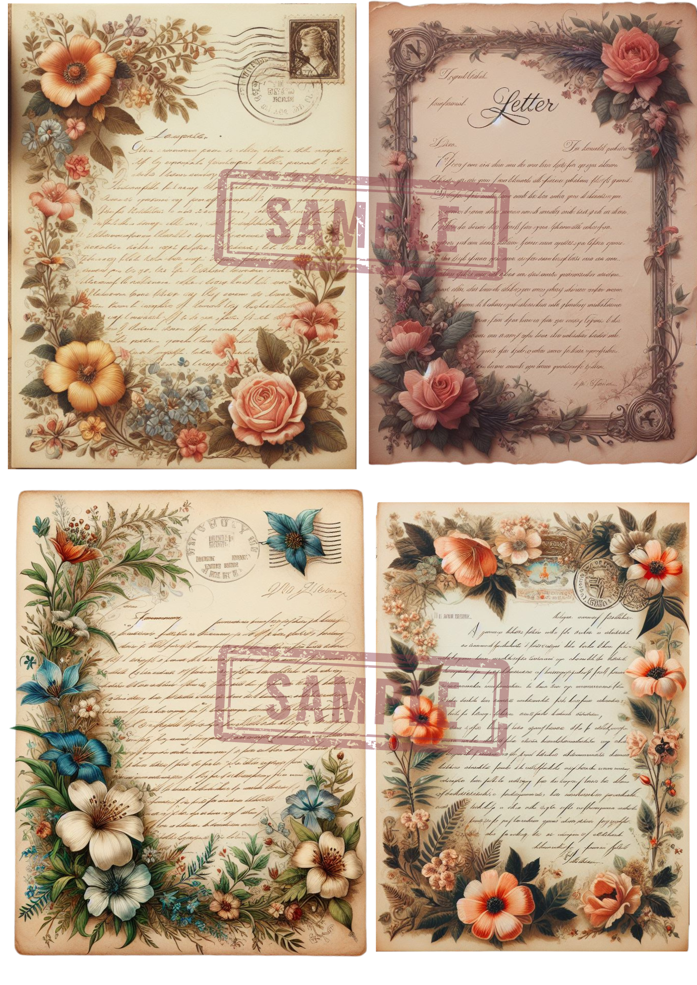Free Digital Vintage Floral Ephemera Old Letters Printable Download A4 Sheet Page Collage Decoupage Cut Outs Creative Journaling Scrapbooking Art Junk Journal