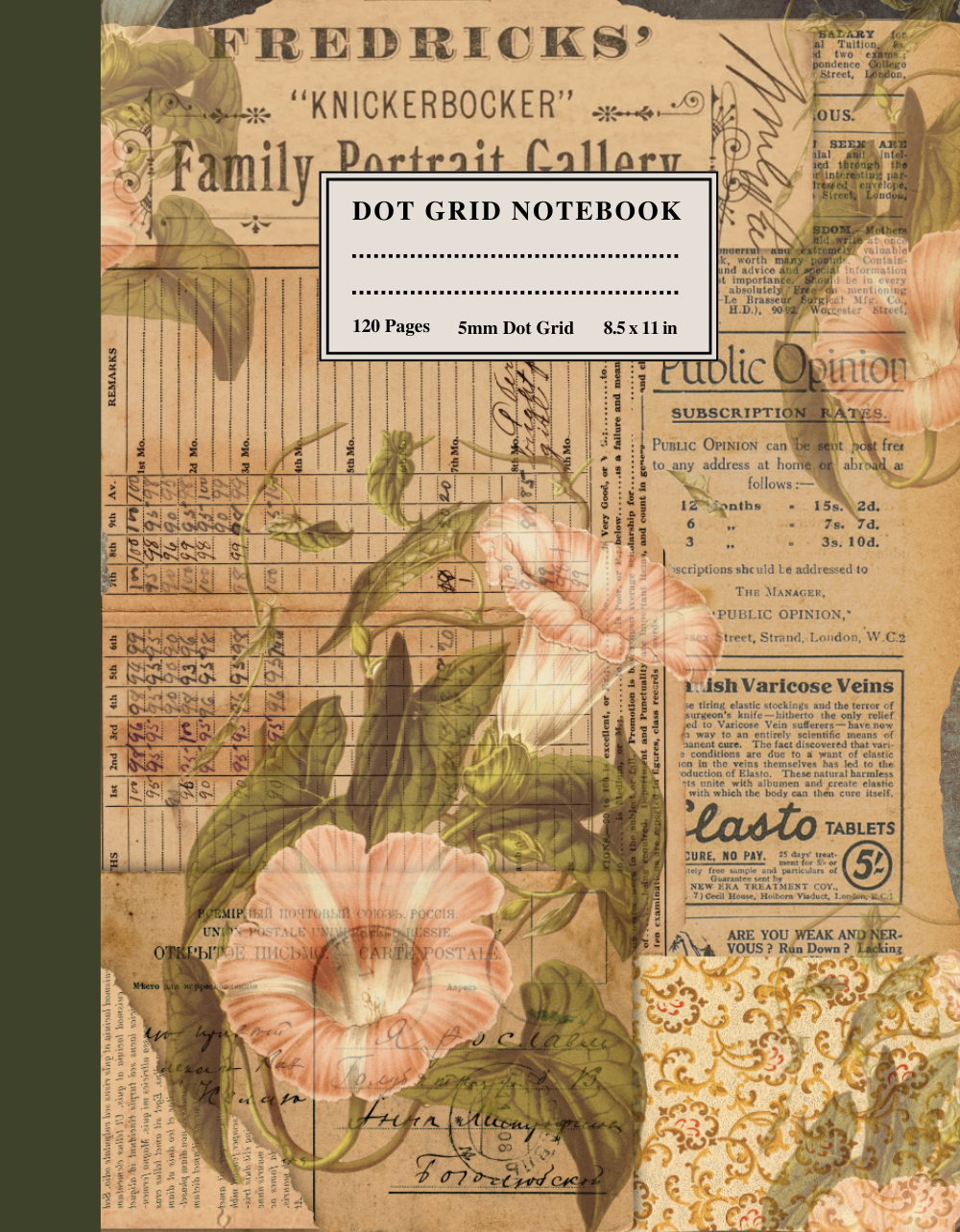 Dot Grid Notebook: Vintage Floral Ephemera Soft Cover Large A4 (8.5 x 11) 5mm Dotted Journal 120 Pages For Creative Art Bullet Journaling, Doodling, Vision Boards, Sketching, Mood Tracker & More