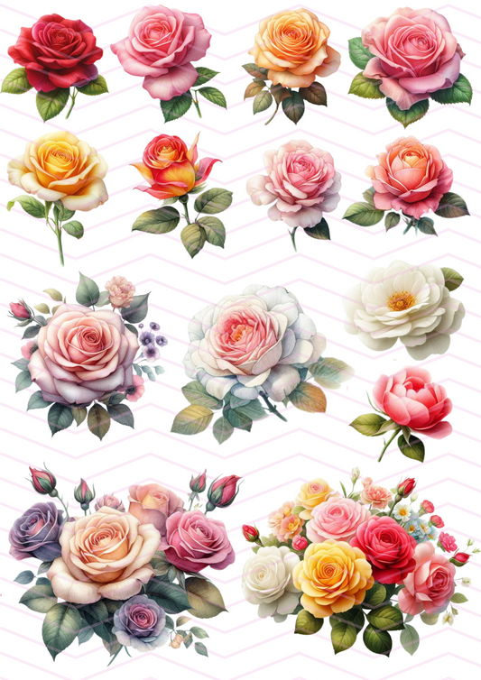 Downloadable Roses Illustrations Botanical Flowers Collage Decoupage Cutouts Printable A4 Sheet Creative Scrapbooking Art Journaling Digital Download