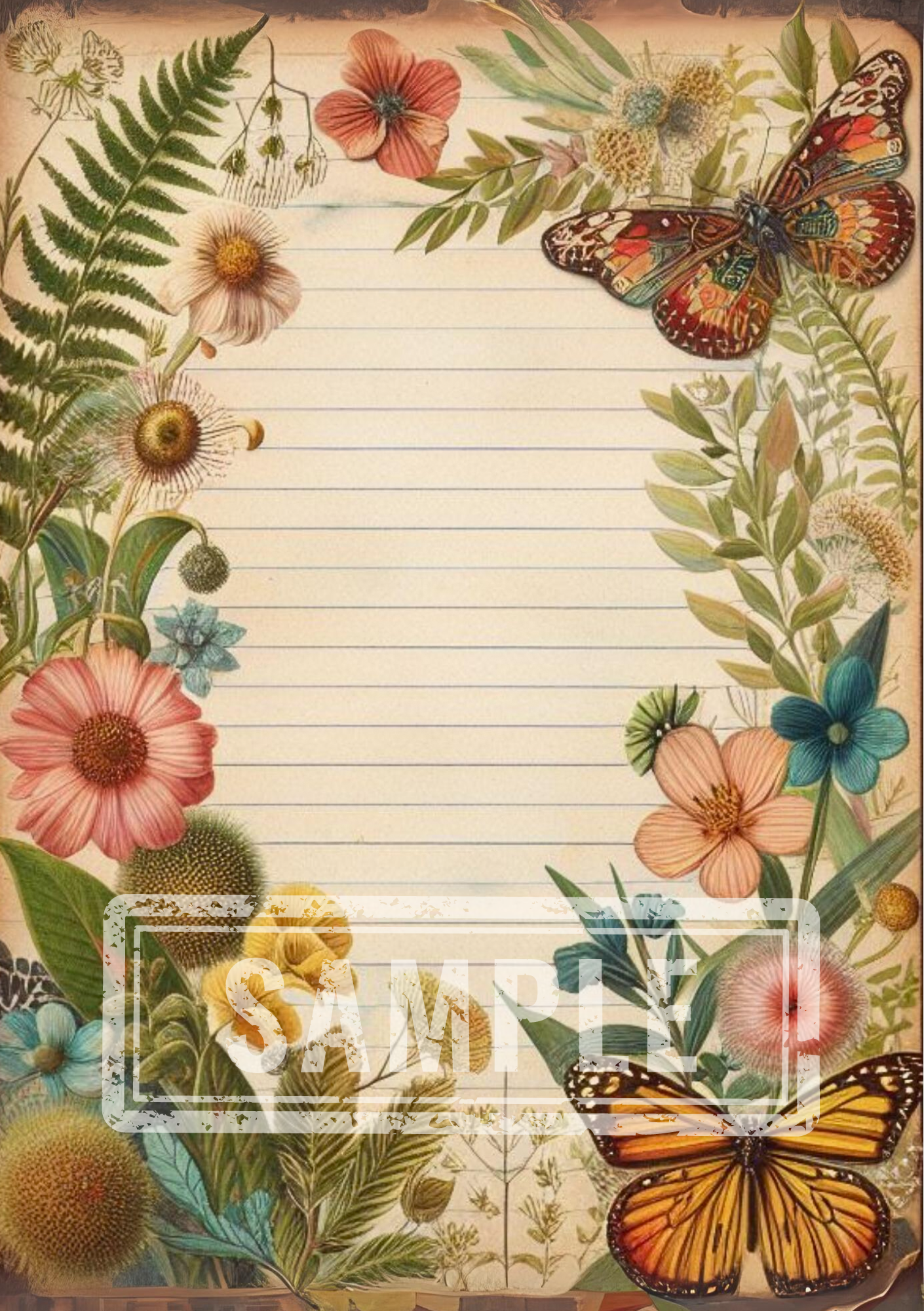 DIGITAL Vintage Botanical Printable A5 Lined Notepaper BND0001